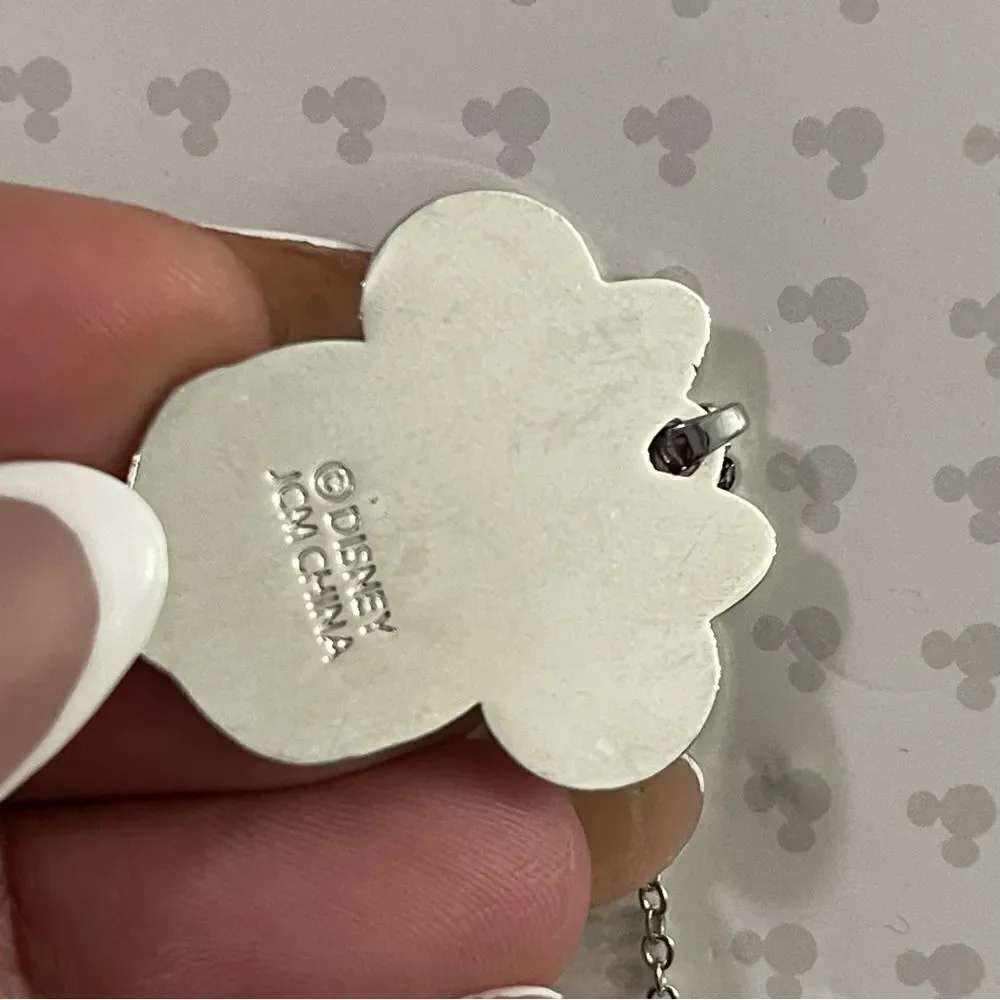 Disney Minnie Mouse Silver Tone Glitter Bow Pendant Adjustable 16” Necklace